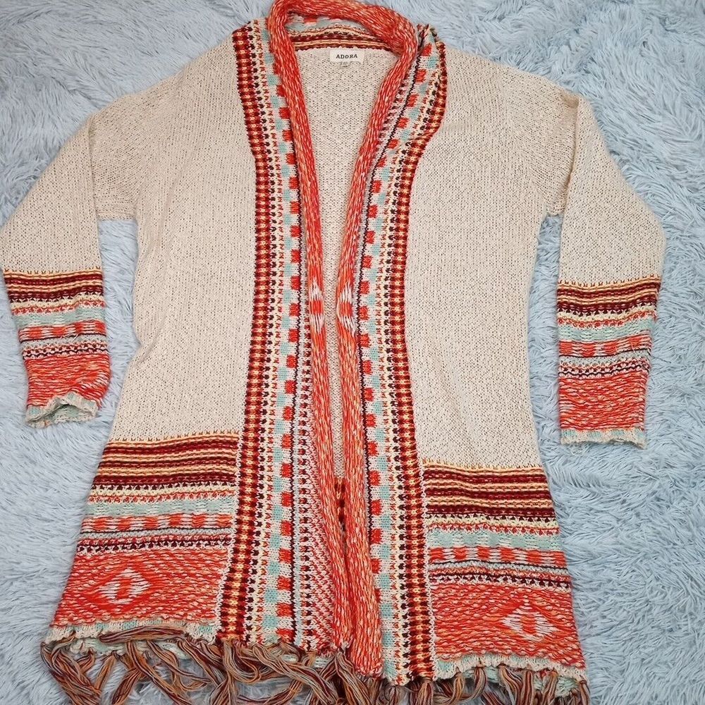 Adora Sweater Womens 2XL Biege Cardigan Open Front Aztec Cottage Core Southwest
